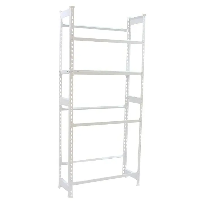 Simonrack Simonbottle Getränkekistenregal Shelf - H x B x T: 180 x 80 x 30 cm, Anzahl Böden: 4 Stk., Traglast Einlegeboden: 100 kg, Stecken, Weiß - Ein weißes Metallregal mit vier Regalböden vor einem schwarzen Hintergrund, ideal zur Aufbewahrung und Präsentation von Gegenständen.