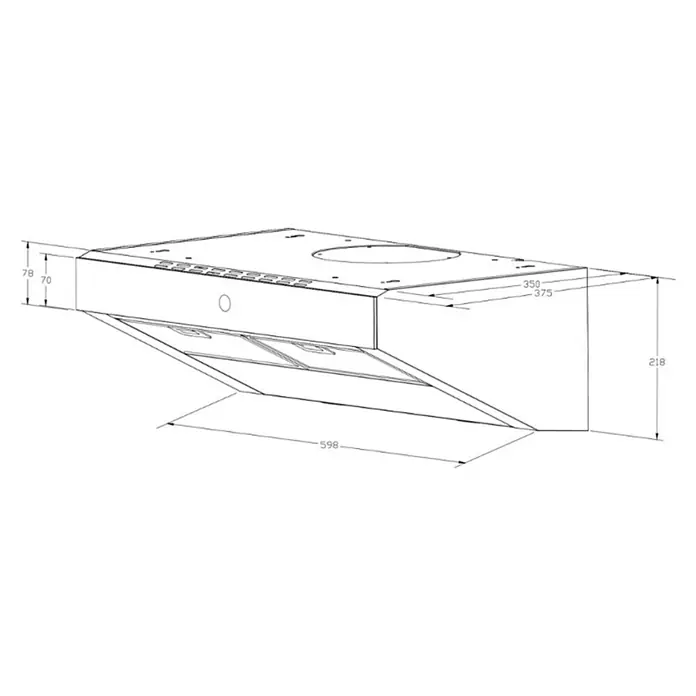 Respekta Campana integrable Sanja - Ancho: 59,8 cm, Máx. Potencia del ventilador en modo extracción: 406 m³/h, Acero inoxidable - Dibujo acotado de una campana extractora elegante, ideal para cocinas modernas. Sus medidas precisas garantizan un ajuste perfecto.