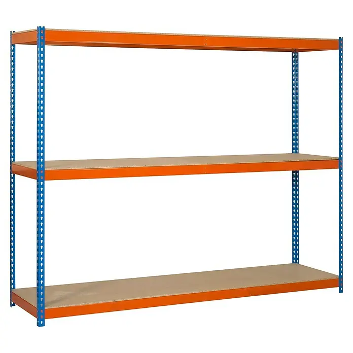 Simonrack Ecoforte Schwerlastregal Chipboard - H x B x T: 150 x 150 x 75 cm, Traglast pro Boden: 400 kg, Anzahl Böden: 3 Stk., Stecken, Blau/Orange - Ein dreistöckiges Lagerregal mit orangefarbenen Traversen und blauen Ständern für die Aufbewahrung und Organisation von Gegenständen.