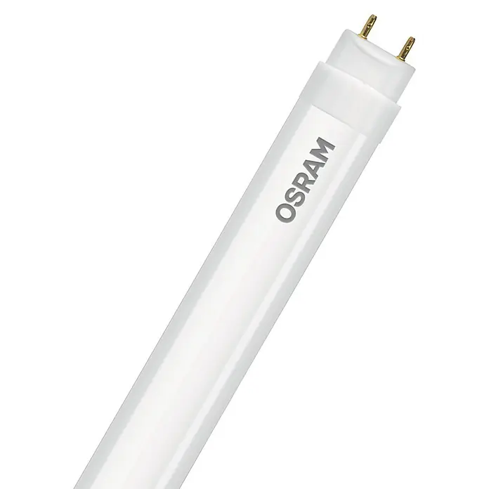 Osram LED-Röhre SubstiTube Star ST8S-EM 20 - Länge: 60,3 cm, Tageslichtweiß, 6,6 W, 800 lm, G13 - Nahaufnahme einer Osram LED-Röhre mit Stiftsockel vor schwarzem Hintergrund. Perfekt für energiesparende Beleuchtung.