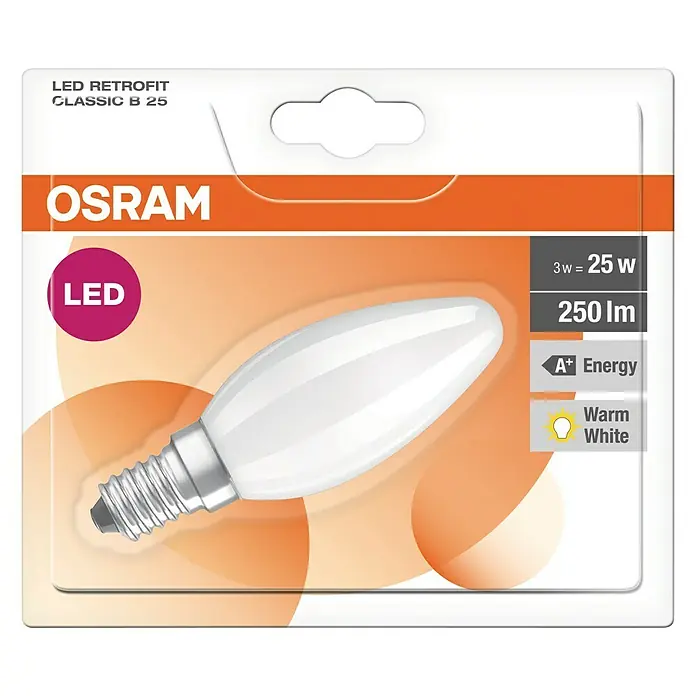 Osram LED-Lampe Kerzenform E14 matt - E14, Nicht Dimmbar, Warmweiß, 250 lm, 3 W, Matt - Osram LED-Retrofit Classic B 25 Lampe, 3W entspricht 25W, 250 Lumen, A+ Energieeffizienz und warmweißes Licht für gemütliche Atmosphäre.