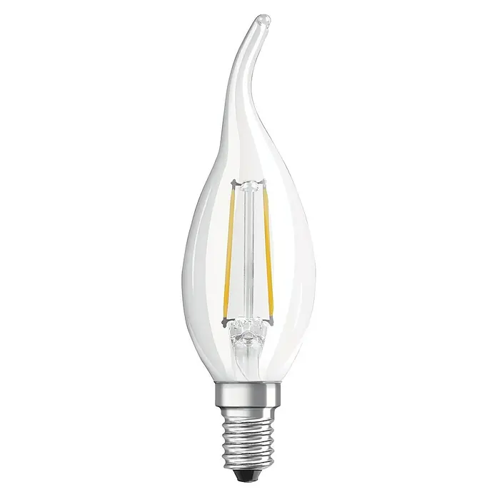 Osram LED-Lampe Retro Fit CLBA E14 - E14, Nicht Dimmbar, Warmweiß, 230 lm, 2 W - Nahaufnahme einer dekorativen LED-Glühbirne in Kerzenform mit klarem Glas und einem spiralförmigen Sockel.
