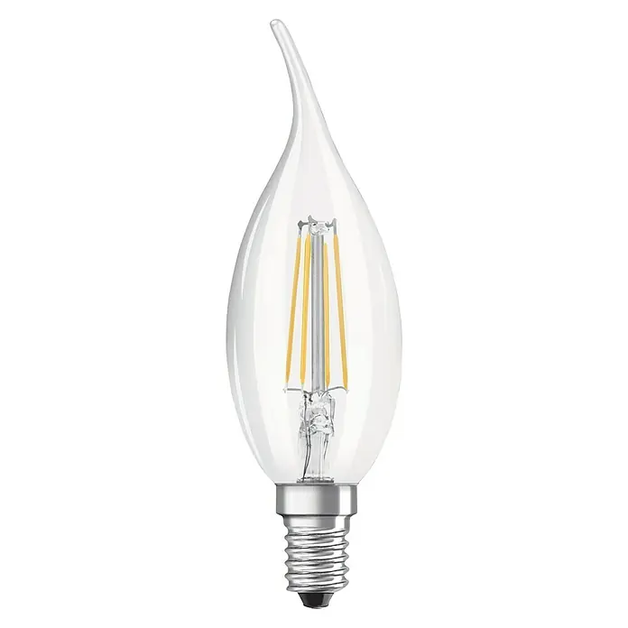 Osram LED-Lampe Retro CLBA E14 - E14, Nicht Dimmbar, Warmweiß, 470 lm, 4 W - Abbildung einer klaren LED-Lampe in Kerzenform mit einem E14-Sockel, die ein warmes, stimmungsvolles Licht erzeugt.
