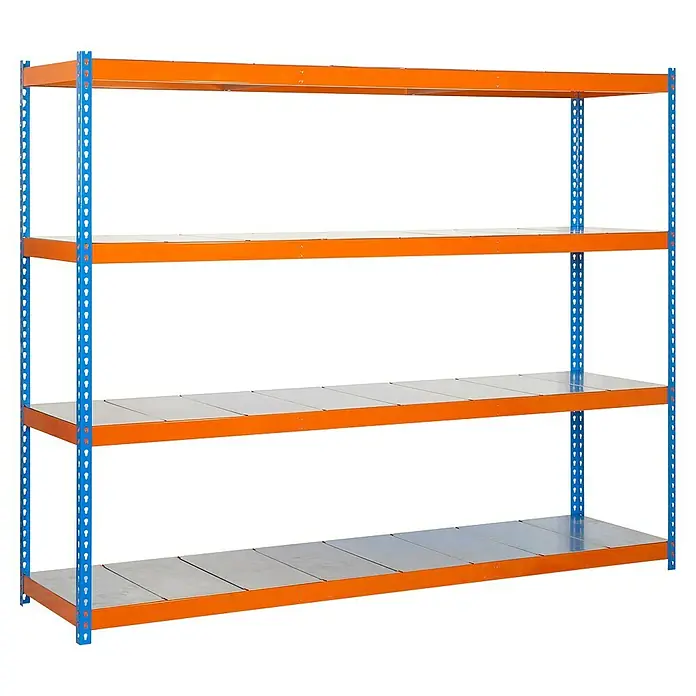 Simonrack Ecoforte Metallregal Ecoforte Metall - H x B x T: 200 x 150 x 60 cm, Traglast pro Boden: 400 kg, Anzahl Böden: 4 Stk., Stecken, Blau/Orange - Ein blau-oranges Metallregal mit vier Ebenen. Das Regal ist leer und steht vor einem schwarzen Hintergrund.