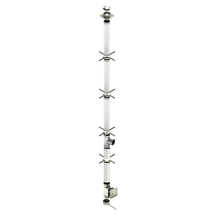 Innen-Kaminsanierungspaket - Durchmesser: 150 mm, Gesamtlänge: 6 m, Edelstahl - Das Produkt ist ein senkrechtes, weißes Ofenrohr mit silbernen Verbindungsstücken und stabilisierenden Flossen. Es dient als Abgasleitung.