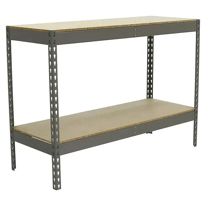 Simonrack Ecoforte Schwerlastregal Ecoforte Chipboard - H x B x T: 90 x 120 x 45 cm, Traglast pro Boden: 400 kg, Anzahl Böden: 2 Stk., Stecken, Grau - Ein stabiler Werkstatttisch mit zwei Ablageflächen. Ideal für Werkstätten oder Garagen, bietet er viel Stauraum.