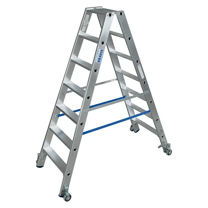 Krause Stabilo Doppelleiter Fahrbar - Anzahl Tritte: 14 Stk., Arbeitshöhe: 3,2 m, Aluminium - Krause Doppelleiter mit breiten Stufen für sicheren Stand und komfortables Arbeiten in verschiedenen Höhen. Ideal für Profis.