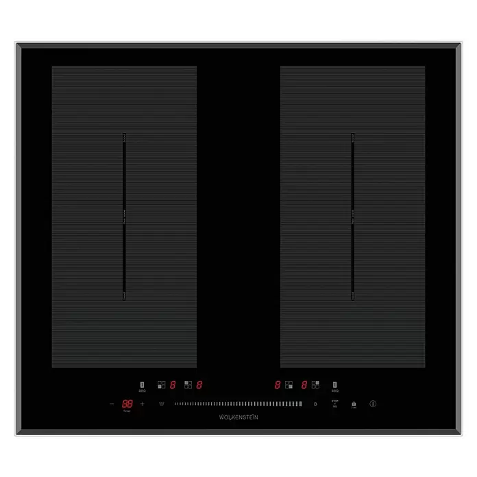Wolkenstein Kochfeld WIF60-2FZF - L x B: 52 x 59 cm, Anzahl Induktionskochstellen: 4 Stk. - Schwarzes Induktionskochfeld mit zwei großen Flexzonen, roten LED-Anzeigen und Touch-Bedienelementen, Marke Wolkenstein.