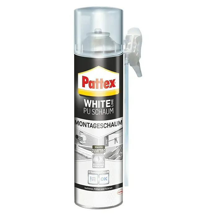 Pattex Montageschaum White Line - 500 ml - Dose Pattex White Line PU Schaum Montageschaum mit Quattro Schaumstruktur zum Isolieren, Füllen und Fixieren.