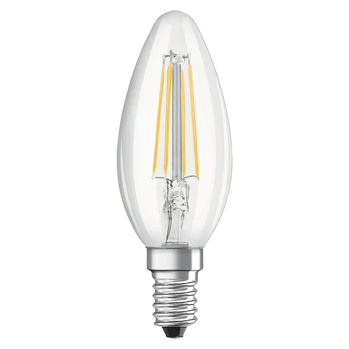 Osram LED-Lampe Kerzenform E14 matt - E14, Nicht Dimmbar, Warmweiß, 250 lm, 4 W - Nahaufnahme einer LED-Filament-Kerzenlampe mit klarem Glaskolben und silbernem Sockel. Energiesparende Beleuchtung für Ihr Zuhause.