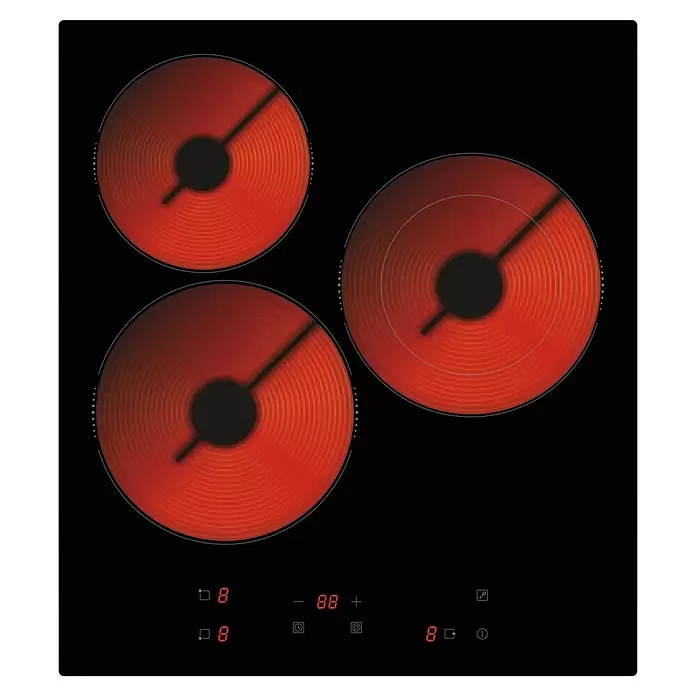 PKM Kochfeld KF3F - L x B: 51 cm x 45 mm, Anzahl Normalkochstellen: 3 Stk. - Schwarzes Elektrokochfeld mit drei rot glühenden Kochzonen und digitaler Steuerung.