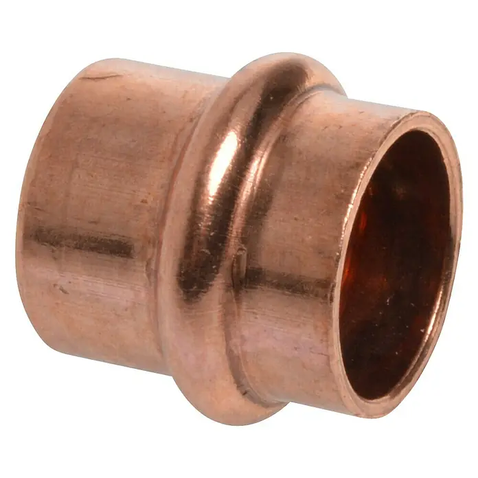 Kupfer-Presskappe - Durchmesser: 18 mm, Presskontur: V - Abbildung einer Kupfer-Pressverbindung, die ein wesentliches Element für die Installation in Sanitär- und Heizungsanlagen darstellt.