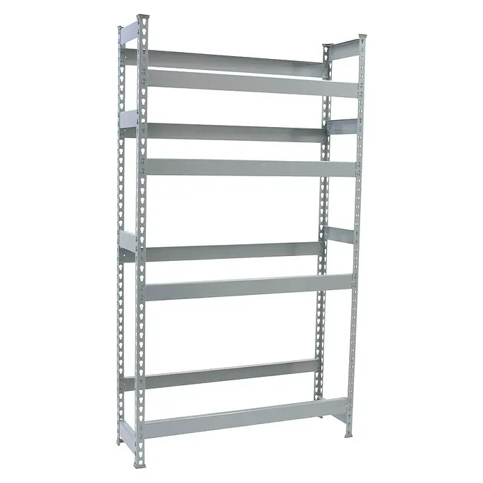 Simonrack Simonbottle Getränkekistenregal Bottleclick - H x B x T: 200 x 100 x 30 cm, Traglast Einlegeboden: 100 kg, Anzahl Böden: 4 Stk., Stecken, Grau - Graues Metallregal mit fünf Regalböden. Das Regal ist leer und hat ein schlichtes, industrielles Design, ideal für Lagerung.