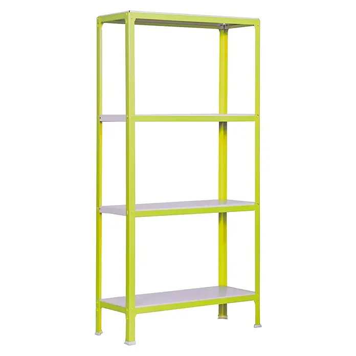 Simonrack Simonhome Metallregal Click Metall Mini - H x B x T: 160 x 80 x 30 cm, Traglast pro Boden: 150 kg, Anzahl Böden: 4 Stk., Stecken, Grün/Weiß - Vierstöckiges Regal mit gelbem Rahmen und grauen Böden, ideal zur Aufbewahrung und Organisation verschiedener Gegenstände.