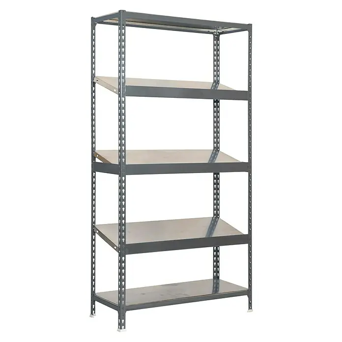 Simonrack Simonclick Metallregal Simonexpo - H x B x T: 200 x 100 x 50 cm, Traglast pro Boden: 200 kg, Anzahl Böden: 5 Stk., Stecken, Grau/Grau - Abbildung eines robusten, grauen Metallregals mit fünf Holzböden, ideal für Lagerung und Organisation.