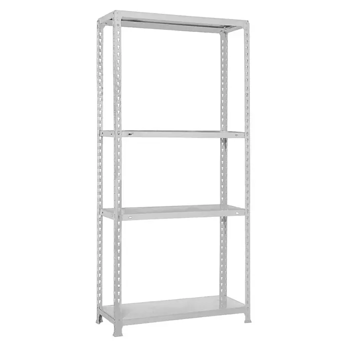 Simonrack Simonclick Metallregal Ecoclick Mini - H x B x T: 160 x 80 x 30 cm, Traglast pro Boden: 70 kg, Anzahl Böden: 4 Stk., Stecken, Weiß - Abbildung eines weißen Metallregals mit vier Ebenen zur Aufbewahrung verschiedener Gegenstände. Ideal für Keller oder Garage.