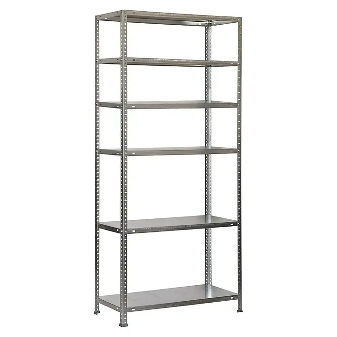 Simonrack Simonclassic Metallregal Advantage - H x B x T: 200 x 90 x 40 cm, Traglast pro Boden: 75 kg, Anzahl Böden: 6 Stk., Schrauben, Silber - Abbildung eines silbernen Metallregals mit sechs Ablagen. Ideal zur Lagerung, robust und vielseitig einsetzbar für Ordnung in Garage, Keller oder Lagerraum.