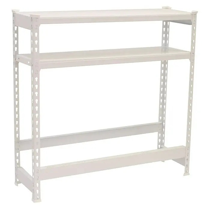 Simonrack Simonbottle Getränkekistenregal Shelf - H x B x T: 100 x 100 x 30 cm, Anzahl Böden: 3 Stk., Traglast Einlegeboden: 100 kg, Stecken, Weiß - Aufnahme eines weißen Metallregals mit drei Ebenen, ideal für Lagerung und Organisation.