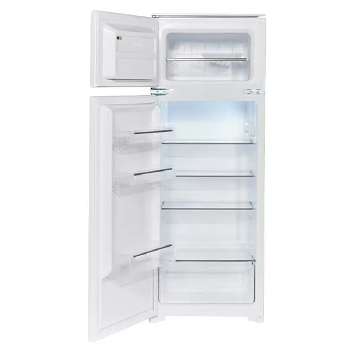 Wolkenstein Kühl-Gefrierkombination WDD230.4EEB - Nutzinhalt Gesamt: 205 l, 54 x 54 x 145 cm, Weiß - Weißer Kühlschrank mit Gefrierfach oben, offene Türen zeigen Gefrierabteil, Glasböden und transparente Türablagen.