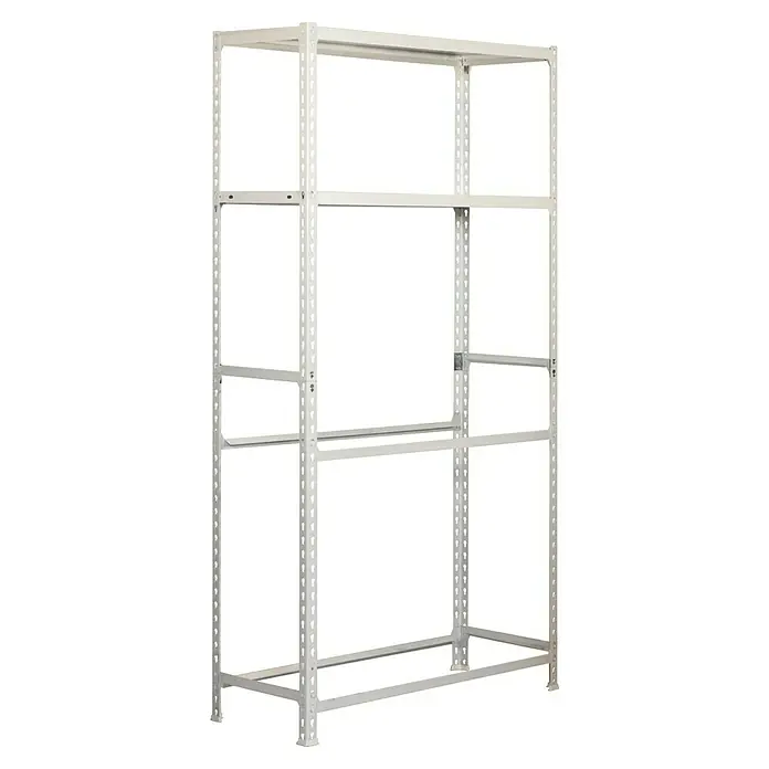 Simonrack Simonauto Reifenregal Simongarage MegaPlus - H x B x T: 200 x 120 x 40 cm, Traglast pro Träger: 180 kg, Anzahl Böden: 2 Stk., Stecken, Weiß - Aufnahme des weißen Regalsystems mit mehreren Regalebenen und robustem Rahmen für Lagerung und Organisation von Gegenständen.