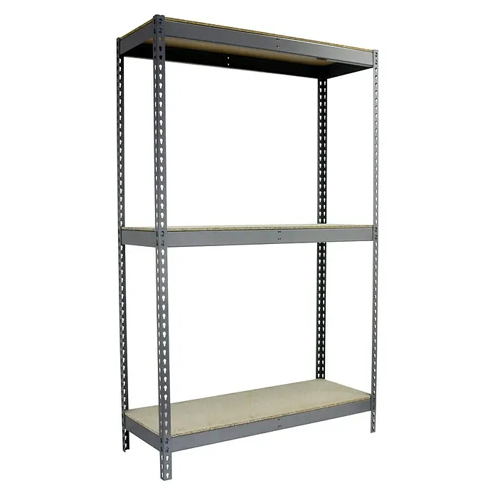 Simonrack Simonforte Schwerlastregal Simonforte Chipboard - H x B x T: 150 x 120 x 45 cm, Traglast pro Boden: 600 kg, Anzahl Böden: 3 Stk., Stecken, Grau - Dreistufiges Metallregal mit Holzplatten zur Aufbewahrung und Organisation von Gegenständen im Haushalt oder in der Garage.