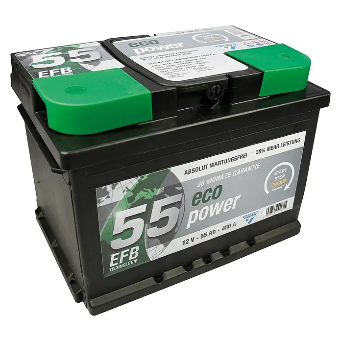 Cartec Autobatterie - 55 Ah, Spannung: 12 V - Produktbild einer Eco Power 55 EFB Autobatterie, wartungsfrei mit 36 Monaten Garantie, ideal für Fahrzeuge mit Start-Stopp-System.