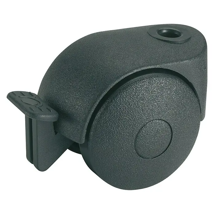 Dörner & Helmer Doppelrolle - Durchmesser Rollen: 40 mm, Traglast: 20 kg, Gleitlager, Mit Rückenloch und Feststeller, Durchmesser Rückenloch: 8 mm - Nahaufnahme eines schwarzen Bürostuhlrads mit Bremse, ideal für Teppichböden und Hartböden, bietet Mobilität und Stabilität.