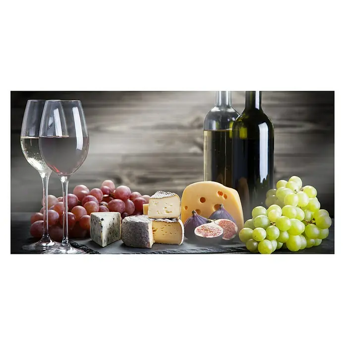 CUCINE Küchenrückwand - Bunch of Grapes, 80 x 40 cm, Stärke: 6 mm, Einscheibensicherheitsglas (ESG) - Dieses Bild zeigt eine köstliche Anordnung von Käse, Trauben, Feigen und Wein, die ein Fest der Aromen und Texturen verspricht.