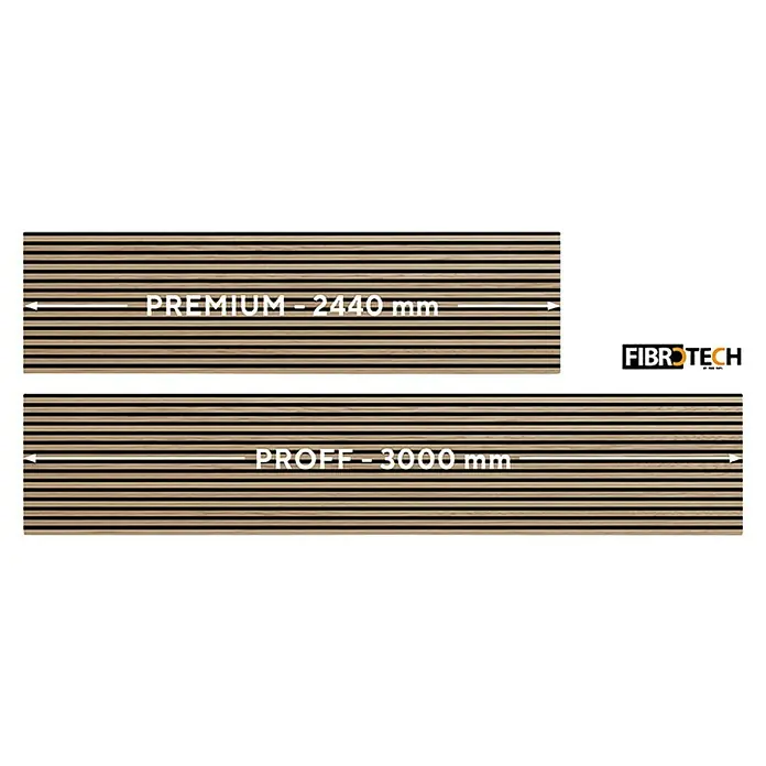 FibroTech Akustikpaneel Proff - Light Oak, L x B x S: 3.000 x 605 x 22 mm - Das Bild zeigt Akustikpaneele von Fibrotech in zwei Größen: Premium (2440 mm) und Proff (3000 mm), ideal für Wand- und Deckengestaltung.