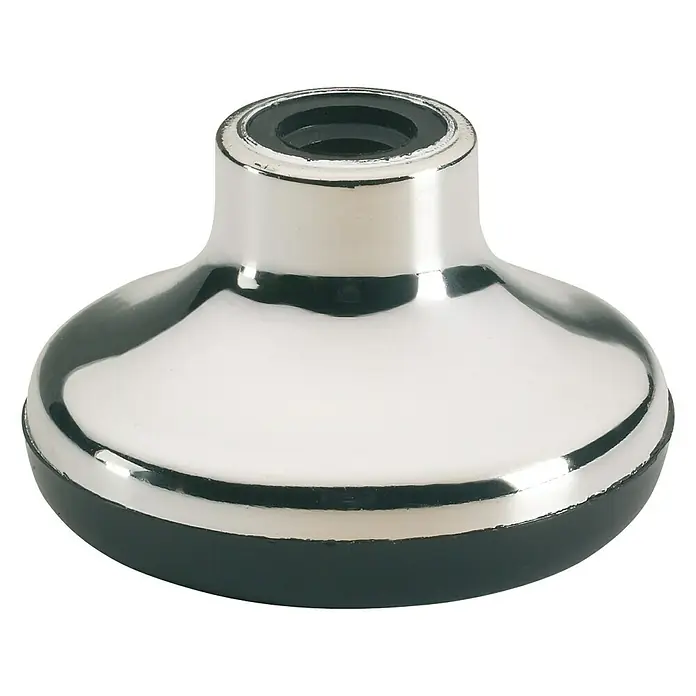 Stabilit Möbelgleiter - Ø x H: 64 x 66 mm, Traglast: 40 kg, Durchmesser Rückenloch: 8 mm, Verchromt - Produktbild einer glänzenden, verchromten Duschkopfhalterung mit schwarzem Gummieinsatz und Basis auf einem weißen Hintergrund.