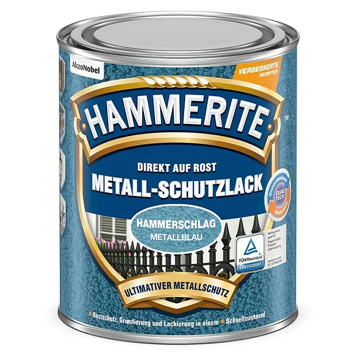 Hammerite Metall-Schutzlack Hammerschlag - Metallblau, 750 ml, Glänzend, Lösemittelbasiert - Hammerite Metall-Schutzlack: Rostschutz, Grundierung und Lackierung in einem. Direkt auf Rost für optimalen Metallschutz.
