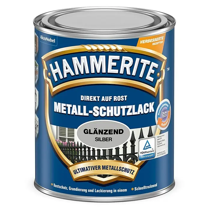 Hammerite Metall-Schutzlack - Silber, 750 ml, Glänzend, Lösemittelbasiert - Abbildung einer Dose Hammerite Metall-Schutzlack, glänzend Silber, für direkten Rostschutz und ultimative Metallpflege.