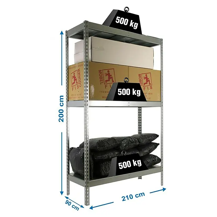 Simonrack Simonforte Schwerlastregal Simonforte Metall - H x B x T: 200 x 210 x 90 cm, Traglast pro Boden: 500 kg, Anzahl Böden: 3 Stk., Stecken, Silber/Silber - Abbildung eines Schwerlastregals mit drei Ebenen, beladen mit Kartons und Säcken, und Gewichtsangaben.