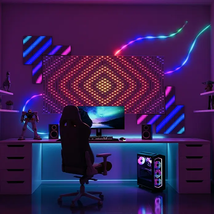 Twinkly LED-Panel-Set Squares RGB StartersetRGB - Ein Gaming-Setup mit einem individuell beleuchteten PC, Monitor und LED-Paneelen, die eine immersiven Atmosphäre schaffen.