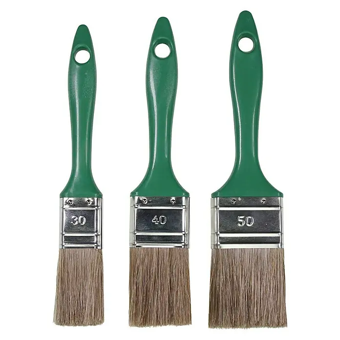 Lasur-Acryl-Pinsel-Set - 3 -tlg. - Drei Pinsel unterschiedlicher Größe mit grünen Griffen, perfekt für diverse Malarbeiten.