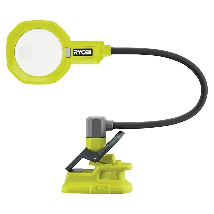 Ryobi ONE+ Akku-Lupenleuchte RML18-0 - 18 V, Ohne Akku - Ein detailreiches Foto einer Ryobi Arbeitsleuchte mit flexiblem Hals und Klemme. Ideal für Werkstätten oder Baustellen.