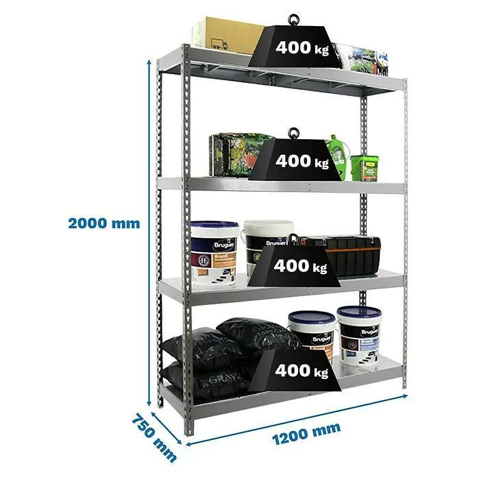 Simonrack Simontaller Schwerlastregal Ecoforte Metall - H x B x T: 200 x 120 x 75 cm, Traglast pro Boden: 400 kg, Anzahl Böden: 4 Stk., Stecken, Silber - Abbildung eines robusten Metallregals mit vier Ebenen, auf denen verschiedene Gegenstände und Gewichte von je 400 kg platziert sind.