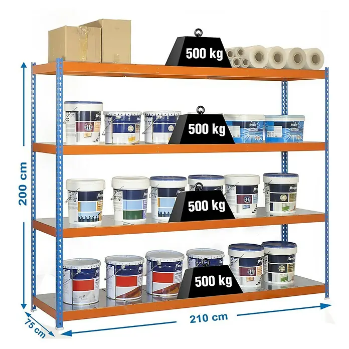 Simonrack Simonforte Schwerlastregal Simonforte Metall - H x B x T: 200 x 210 x 75 cm, Traglast pro Boden: 400 kg, Anzahl Böden: 4 Stk., Stecken, Blau/Orange/Silber - Aufnahme eines blauen und orangenen Schwerlastregals mit vier Ebenen, beladen mit Farbeimern, Kartons und Papierrollen.