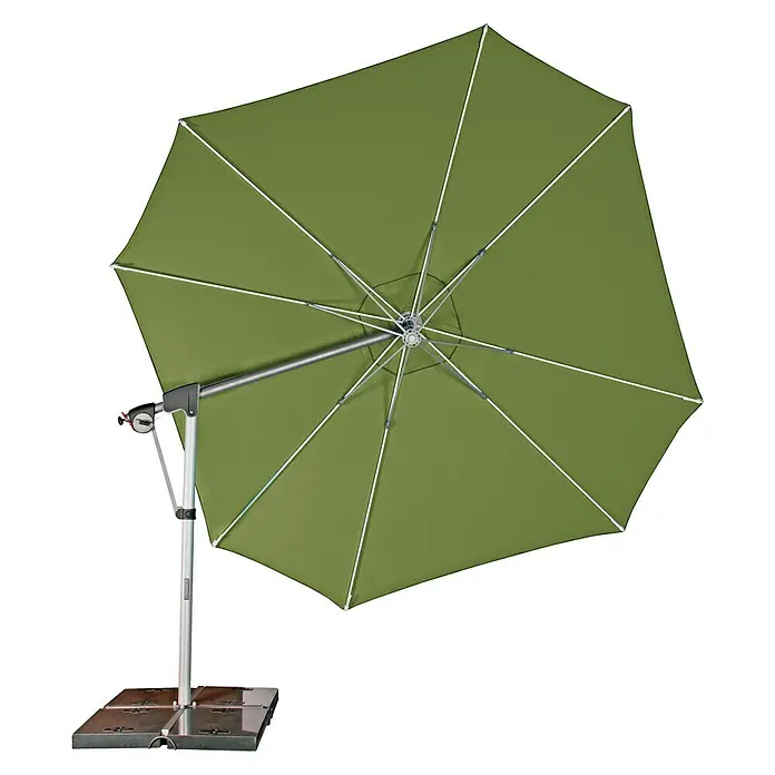 Doppler Protect SchirmbezugSmaragd, 400 cm, Passend für: Doppler Schirmgestell Ø 400 cm - Ein grüner Sonnenschirm mit silbernem Gestell und Fuß, ideal für den Garten oder die Terrasse. Er spendet Schatten an sonnigen Tagen.