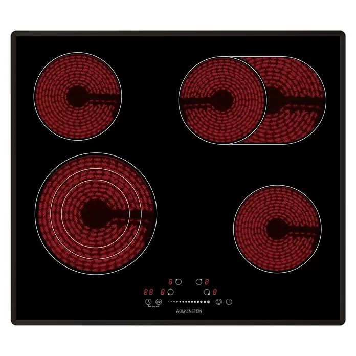 Wolkenstein Kochfeld WEB-C4-3KBG - L x B: 52,2 x 59,2 cm, Anzahl Normalkochstellen: 4 Stk. - Schwarzes Keramik-Induktionskochfeld mit vier rot glühenden Kochzonen und digitalen Bedienelementen.