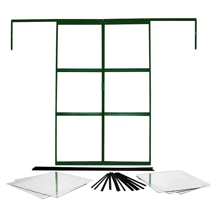 Vitavia Gewächshaus-Tür Sirius - Passend für: Vitavia Gewächshaus Sirius, Smaragd - Das Bild zeigt ein Gewächshaus-Bausatz mit grünem Rahmen, Glasscheiben und Zubehör für den Aufbau. Ideal für Hobbygärtner und Pflanzenliebhaber.