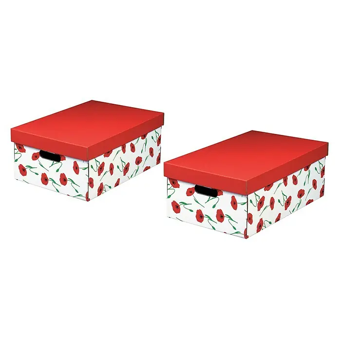 Nips Aufbewahrungsbox Amapola - L x B x H: 45,5 x 32 x 19 cm, Papier, Weiß/Rot, 2 Stk. - Zwei dekorative Aufbewahrungsboxen mit Mohnblumenmuster und rotem Deckel.
