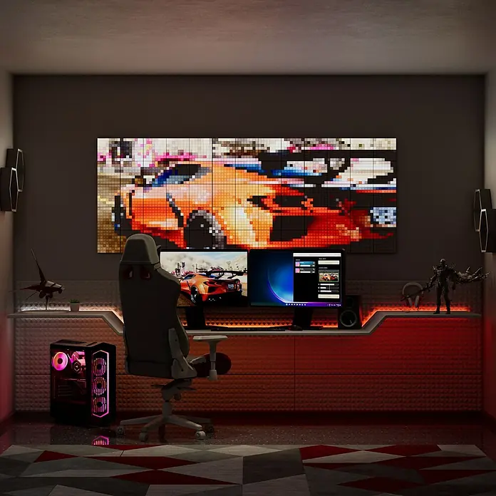Twinkly LED-Panel-Set Squares RGB Starterset - RGB - Ein Gaming-Setup mit einem leistungsstarken PC, zwei Monitoren und einem bequemen Gaming-Stuhl für ein immersives Spielerlebnis.
