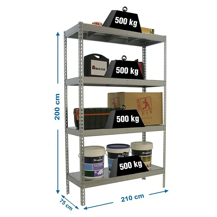 Simonrack Simonforte Schwerlastregal Simonforte Metall - H x B x T: 200 x 210 x 75 cm, Traglast pro Boden: 500 kg, Anzahl Böden: 4 Stk., Stecken, Silber/Silber - Aufnahme eines grauen Metallregals mit vier Ebenen, beladen mit verschiedenen Gegenständen und schwarzen Gewichten zur Gewichtsverteilung.