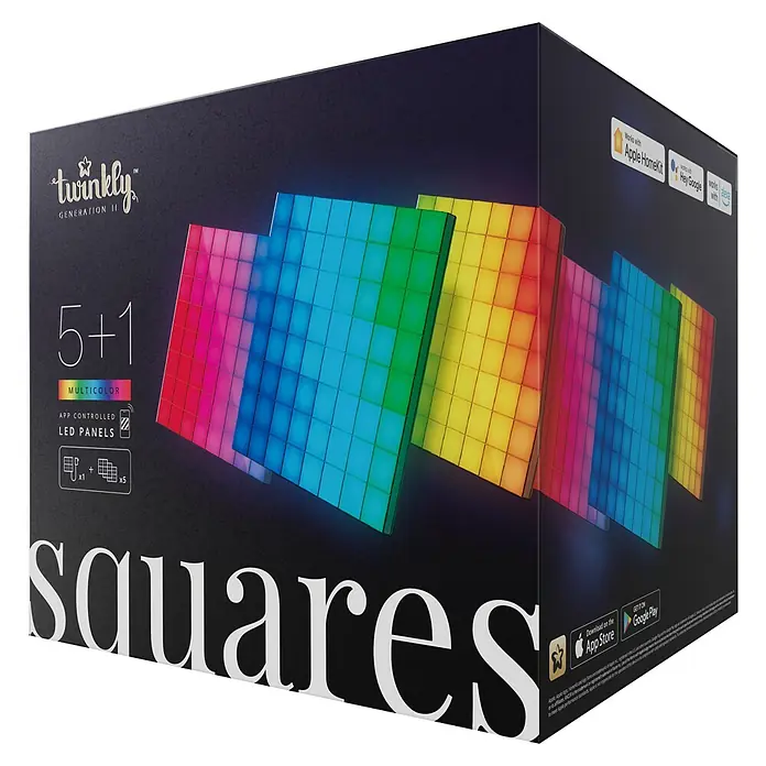 Twinkly Set paneles LED RGB - RGB - Caja del producto Twinkly Squares Generation II con 5+1 paneles LED multicolor controlados por app. Iluminación inteligente para hogares modernos.