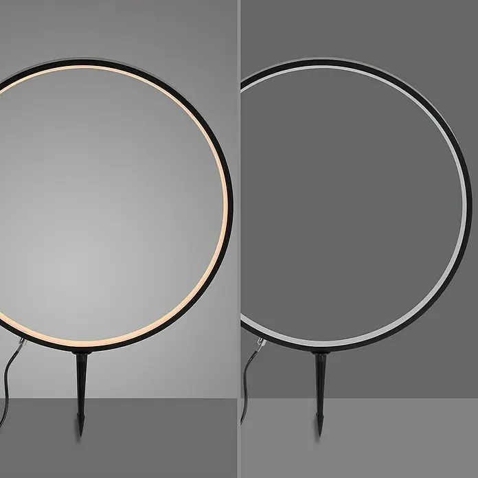 Just Light LED-Erdspießleuchte Zirkulu - 4,7 W, 50 cm, Schwarz, 1 Stk. - Zwei kreisförmige LED-Gartenleuchten im Vergleich, eine mit warmem Licht, die andere mit kaltweißem Licht.