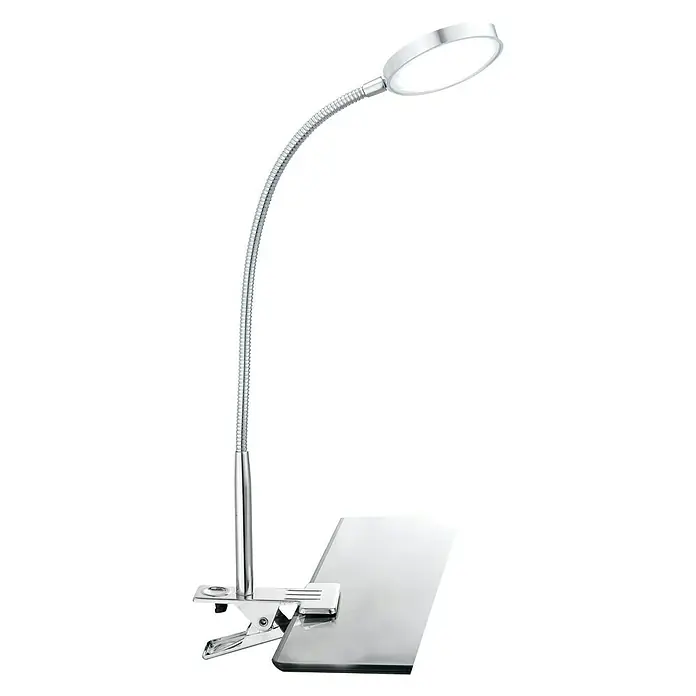 Globo LED-Klemmleuchte Pegasi - B x H: 30 x 47 cm, 3 W, Aluminium - Eine Schreibtischlampe mit Klemme und flexiblem Schwanenhals. Die Lampe hat eine runde LED-Leuchte und ist silberfarben.