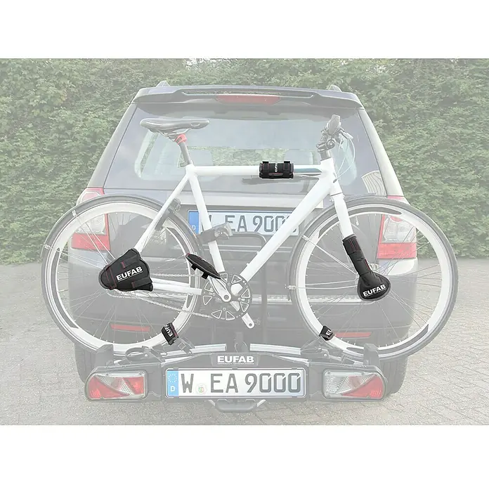 Eufab Fahrrad-Transportschutz - 6 Stk. - EUFAB Fahrradträger am Heck eines Autos mit einem weißen Fahrrad, das sicher transportiert wird.