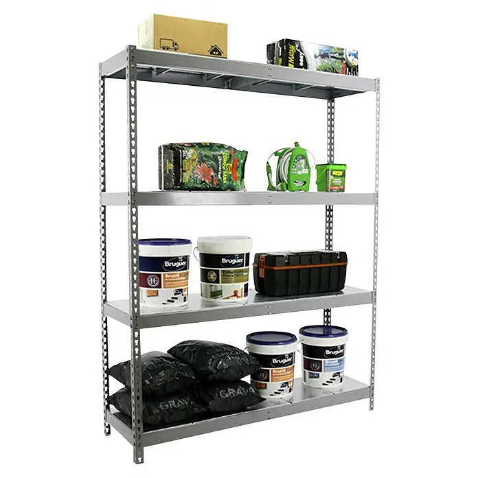 Simonrack Simontaller Schwerlastregal Ecoforte Metall - H x B x T: 200 x 120 x 75 cm, Traglast pro Boden: 400 kg, Anzahl Böden: 4 Stk., Stecken, Silber - Bild eines grauen Regals mit vier Ebenen, das mit Kartons, Farbbeuteln und Farbeimern unterschiedlicher Größe und Farbe gefüllt ist.