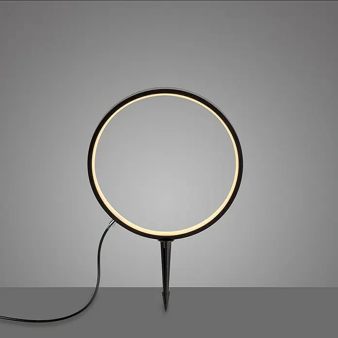 Just Light LED-Erdspießleuchte Zirkulu - 3 W, 32 cm, Schwarz, 1 Stk. - Nahaufnahme einer modernen runden Gartenleuchte mit Erdspieß, die ein warmes Licht ausstrahlt.